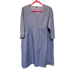 Embellish Light Blue V-Neck Button-Up Tunic Dress L 100% Cotton 3/4 Sleeve Made